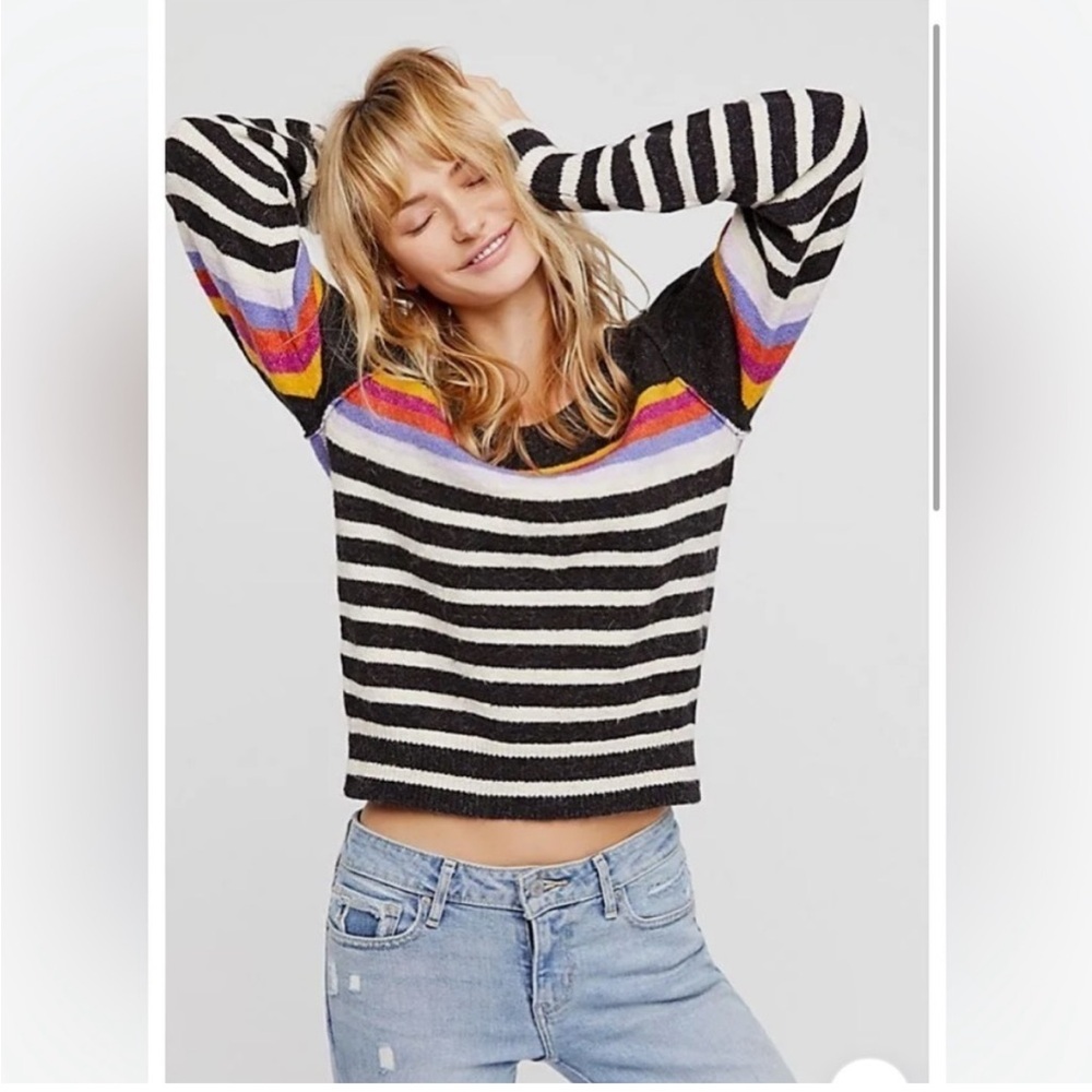 Free People Black Striped Sweater with Multicolor Accents